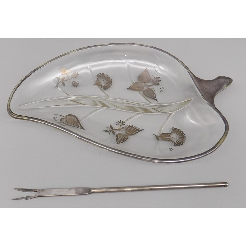 Georges Briard Silver Overlay Glass Leaf Shaped Cheese Dish w/ Original Fork MCM